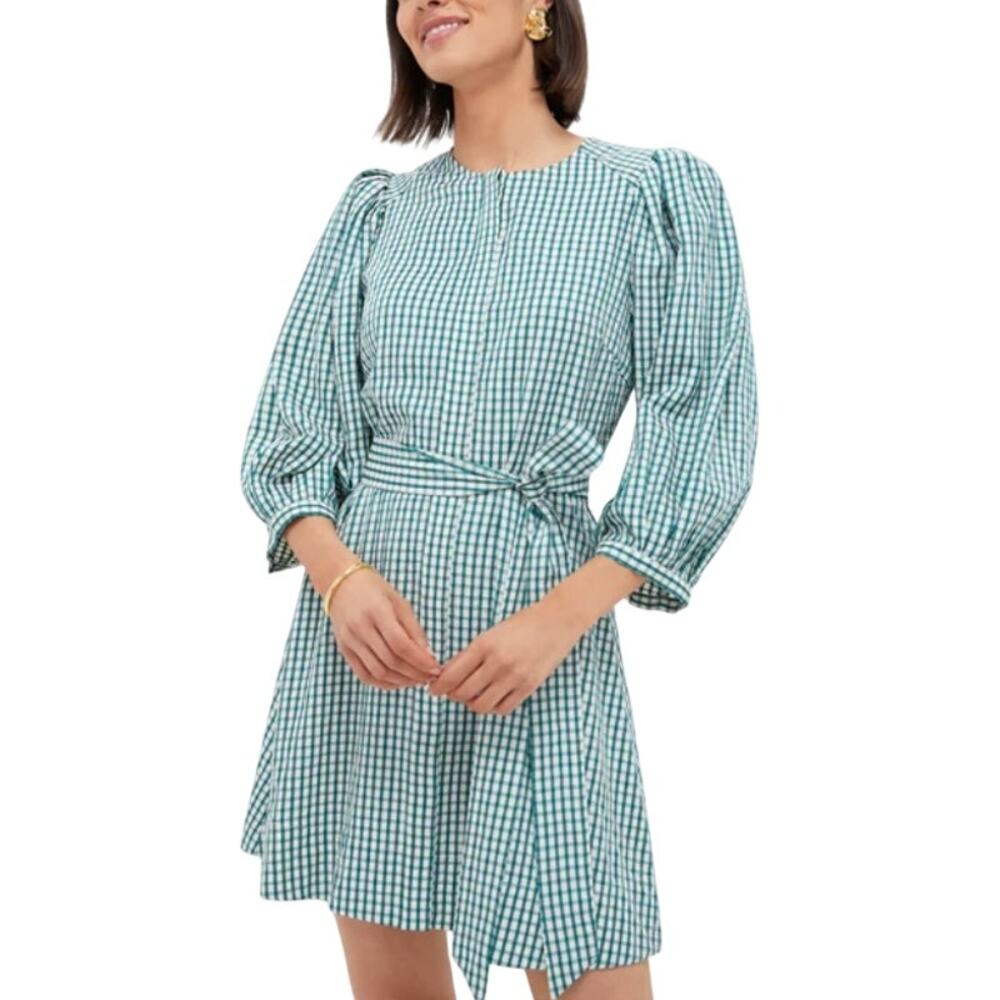 Tuckernuck Green and White Gingham Puff-Sleeve Belted Dress